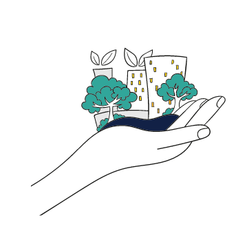 ilustracion mano sosteniendo edificios y arboles
